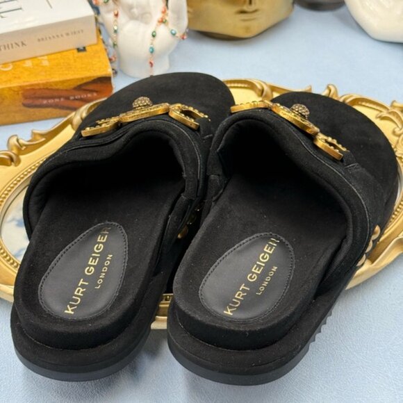🆕 KURT GEIGER LONDON 🧿 NWOB Kensington Medallion Black Suede Mules, Sz 37 US 7 - Picture 8 of 13